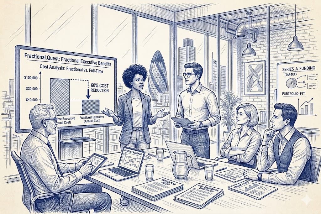 Hire a fractional CEO - board meeting with experienced executive leadership team discussing strategy