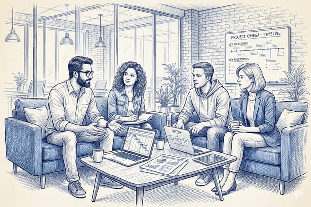 Four fractional executives in collaborative workspace discussing startup strategy and growth planning